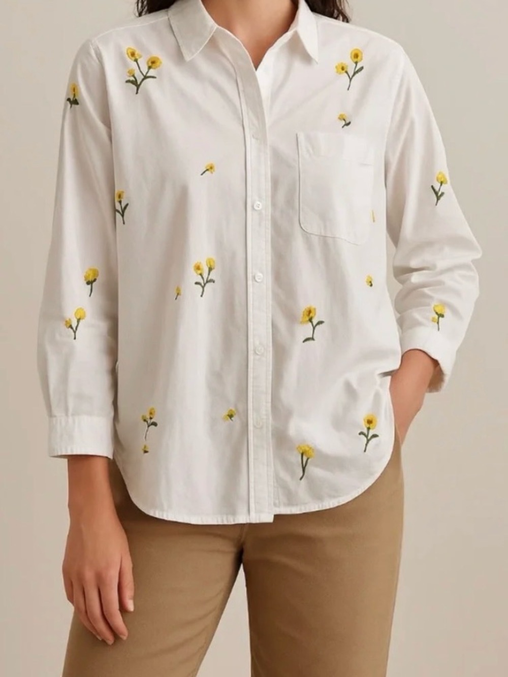 Maeve White Button-Up Shirt with Yellow Floral Embroidery